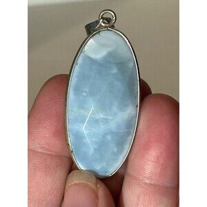 Oval Silver Tone Faceted Blue Opal Stone Pendant